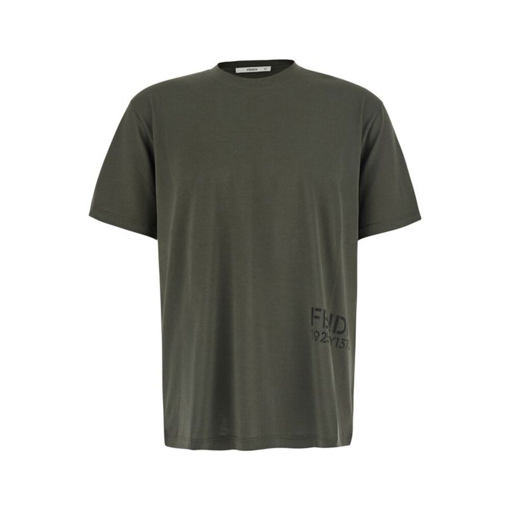Fendi Men Green T-Shirt With Tone-On-Tone Logo On The Side In Cotton For Men